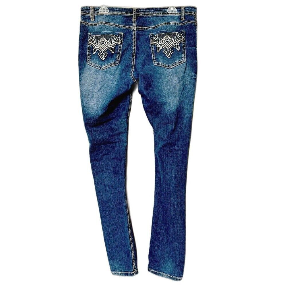 Revolt Y2K Low Rise Skinny Jeans Womens Size 12 Blue Faded Embroidered - Picture 4 of 8